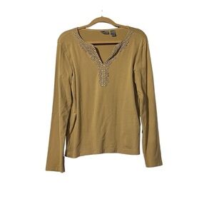 Chico’s V-Neck Tunic Tan Embellished Collar Size Medium 1